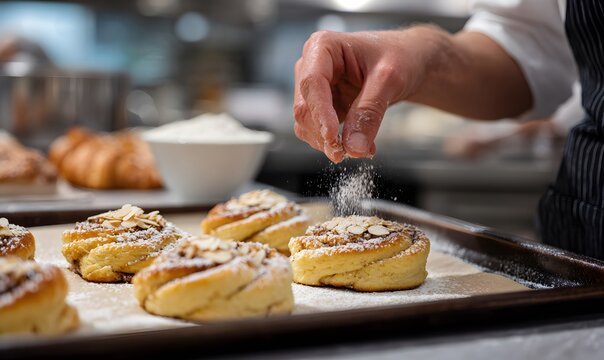 close up of the hands of a pastery chef dropping sliced almond halfs on top of unbaked swedish cinnamon rolls, the rolls are son a baking tray