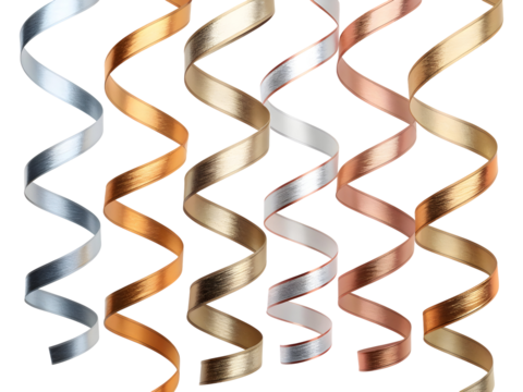 Group of shiny spiraling metallic ribbons in various festive colors like silver, gold, and bronze isolated on transparent background