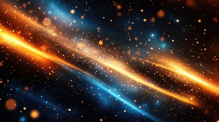 Abstract cosmic background with glowing orange and blue streaks, glittering particles, and bokeh lights.