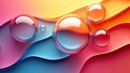 Abstract colorful background with glossy spheres and wavy layers.