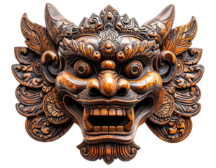 Detailed Balinese Barong Mask Carving Isolated on White Background