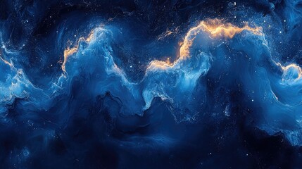 Abstract blue and gold swirling nebula-like pattern.