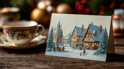 Christmas card with snowy village scene is displayed on wooden table, surrounded by festive decorations and vintage teacup, evoking warm holiday atmosphere