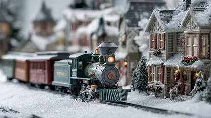 Festive Christmas train set runs through snowy village, surrounded by charming, snow covered houses adorned with holiday decorations. scene evokes nostalgic and joyful atmosphere