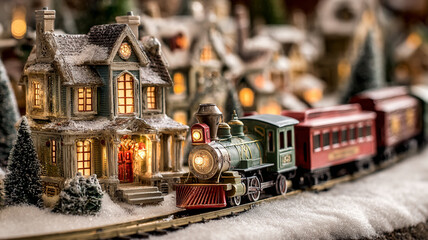 Festive Christmas train set runs through snowy village, featuring detailed locomotive and charming houses adorned with lights, creating warm holiday atmosphere