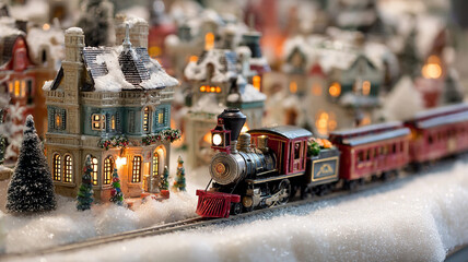 Festive Christmas train set travels through snowy village, surrounded by illuminated miniature houses and decorated trees, creating warm holiday atmosphere