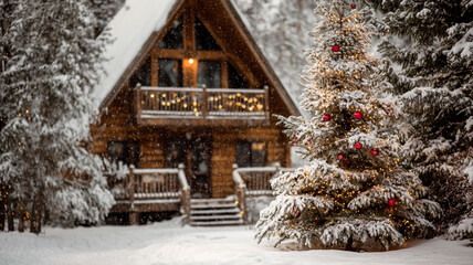 Snow covered cabin in winter forest with decorated Christmas tree adorned with red ornaments and lights in foreground, creating festive and cozy atmosphere