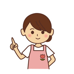 エプロンをした保育士のイラスト　指差し,保育士,　女性,ぬいぐるみ,エプロン,先生,保育園,幼稚園,上半身,シンプル,店員,ショップ,素材,お母さん