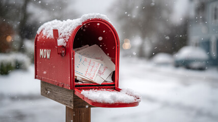 Red mailbox covered in snow is filled with Christmas letters, creating festive and nostalgic winter scene. Snowflakes gently fall around, enhancing holiday atmosphere