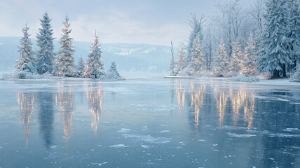 Serene winter scene with frozen lake reflecting snow covered trees adorned with Christmas lights, creating magical and festive atmosphere