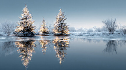 Serene winter scene with snow covered trees reflecting in frozen lake, adorned with Christmas lights, creating peaceful holiday atmosphere