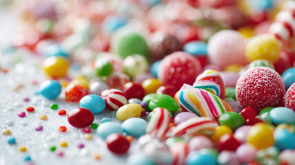 Vibrant assortment of colorful Christmas candy spread across white surface, featuring various shapes and textures, creating festive and joyful atmosphere