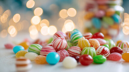 Colorful Christmas candy spread on white table creates festive and joyful atmosphere with bokeh lights in background. assortment includes striped and solid candies