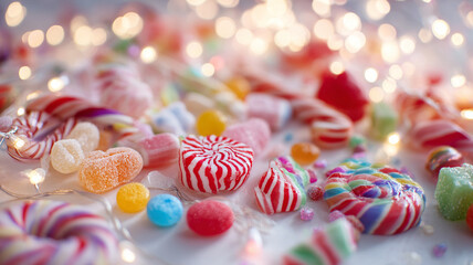 Festive assortment of colorful Christmas candy, including striped peppermints, gummies, and lollipops, is spread on white table with twinkling lights in background
