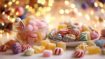 Delightful assortment of colorful Christmas candies, including striped and sugar coated varieties, is displayed in glass jar and on plate, with festive lights in background