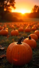 Vibrant pumpkin patch bathed in warm golden sunset light, evoking cozy autumn harvest feelings and seasonal charm.