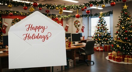 Obraz premium Happy Holidays Card in Festive Office Celebrating Christmas With Tree and Decorations