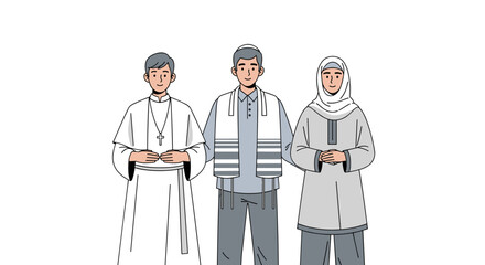Three religious leaders stand together promoting unity and interfaith understanding in a modern depiction.