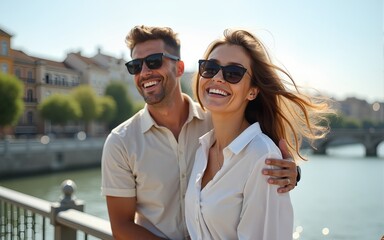 happy woman with windy hair in sunglasses smiling, stylish couple in love having fun on bridge in the summer city. modern woman and man in fashionable white clothes embracing at the river