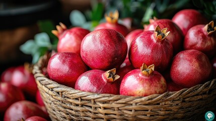A wicker basket overflowing with ripe, red pomegranates, surrounded by lush green foliage.