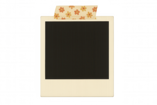 Instant print frame with blank space, old style photo paper fastened by tape with flower pattern
