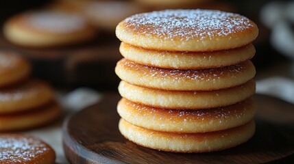 A stack of round, golden-brown cookies, dusted with powdered sugar, sits on a dark wooden surface.  Other cookies are blurred in the background.