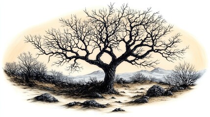 A stark, leafless tree stands alone in a rocky, barren landscape under a pale sky.