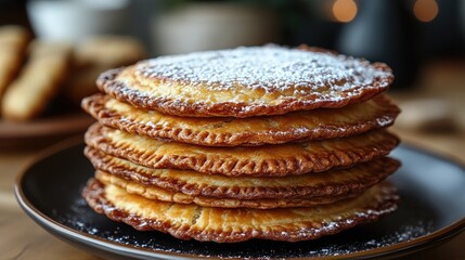 A stack of golden-brown, crispy fried pastries dusted with powdered sugar on a dark plate.