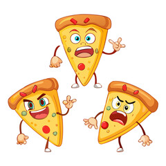 Pizza piece cartoon character with groovy comic faces set. Funny mascot with bundle of love, playful, wow, sad, fear, angry and other facial emotions, legs poses, hands gestures. Vector illustration. 