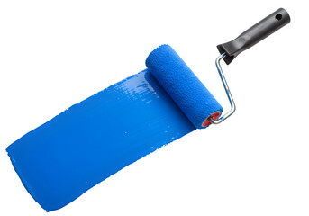 Paint roller with a long, vibrant blue paint stroke. Ideal for DIY, home renovation, or artistic design projects. Isolated on white or transparent background. PNG format.