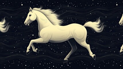 A majestic white horse gallops across a starry night sky, its mane and tail flowing in the cosmic wind.