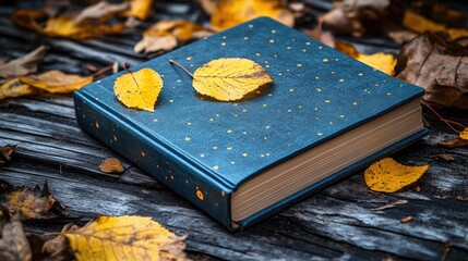 A navy blue book with gold polka dots rests on a wooden surface covered in autumn leaves.