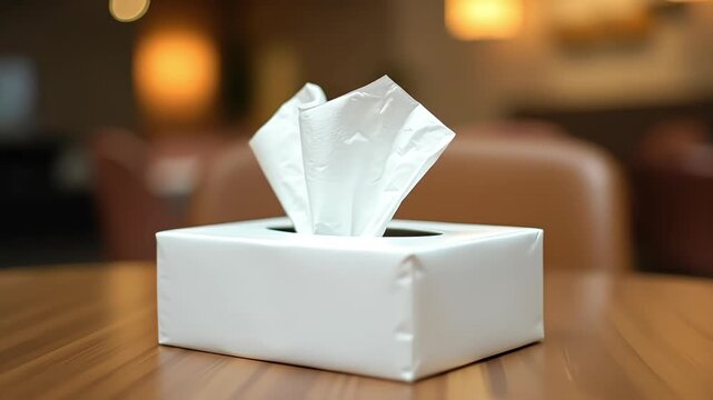 White tissue box with tissues popping out sitting on a wooden table surface