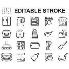 A collection of kitchen equipment-related icons. Thin line style vectors. Contains icons such as refrigerators, stoves, cutting boards, and more.