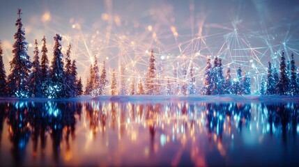 First light of winter: tranquility on the snowy mountain peaks. Futuristic system. Fir trees in the gentle dawn on a snowy mountain with a frozen lake. Data connectivity. Virtual network.