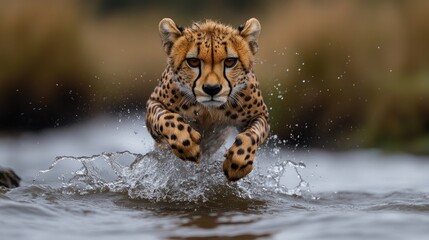 A cheetah leaps across a shallow stream, water splashing around its paws.