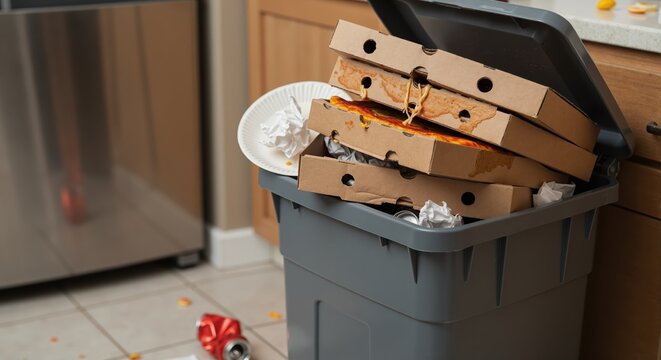 Overflowing trash can full of used pizza boxes in a kitchen. Messy garbage bin with fast food waste and leftovers. Consumption and recycling concept