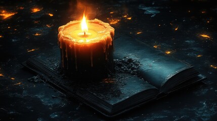 A burning candle sits atop an old, open book on a dark surface with glowing embers.