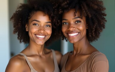 Two young african american women smiling and posing at camera. High quality
