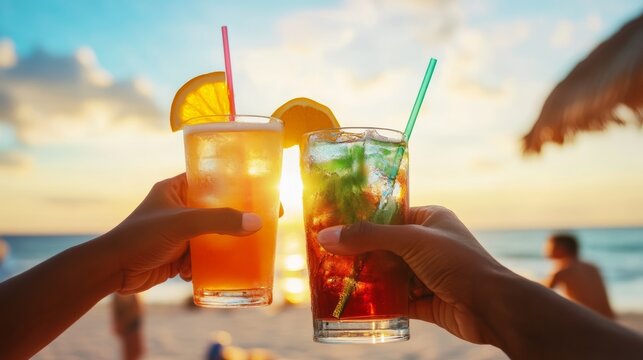 Refreshing summer cocktails toasting at sunset beach tropical paradise beverage photography vibrant atmosphere captivating view celebration - Powered by Adobe