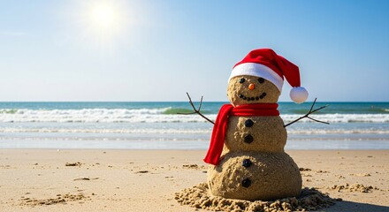 Sandy Christmas Snowman on Tropical Beach – Holiday Fun in Warm Weather Paradise