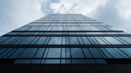 Modern skyscraper architecture urban cityscape glass facade cloudy sky low angle view contemporary design concept for urban life