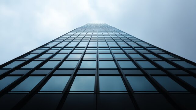 Upward perspective on modern skyscraper glass facade urban cityscape architectural photography cloudy atmosphere low angle view structure and design - Powered by Adobe