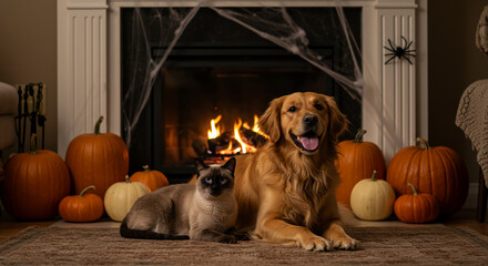 A festive halloween scene with a golden retriever and a siamese cat posing by a warm, cozy fireplace surrounded by pumpkins