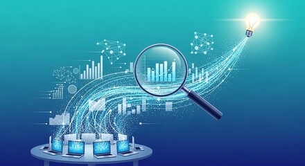 Laptops Creating a Glowing Data Stream Towards an Idea Lightbulb