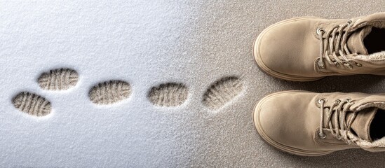 Beige boots and tracks in the snow, top-down view