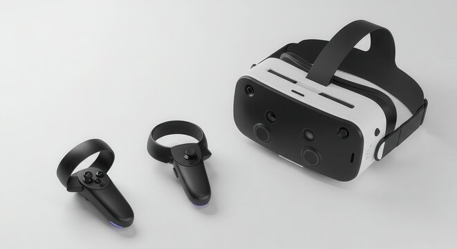 Virtual reality headset and controllers are displayed on a white surface, showcasing modern design and technology with sleek black and white color scheme, a clean and minimalist composition.