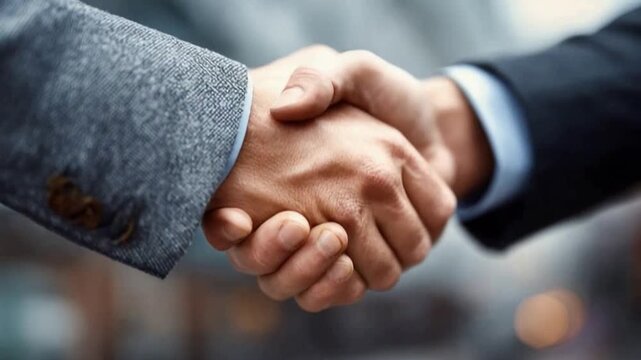 Handshake: A close-up shot of a firm handshake between two individuals, symbolizing agreement, partnership, and a successful deal.