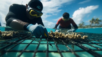 Coral restoration efforts underwater marine environment conservation project tropical waters diver perspective environmental sustainability