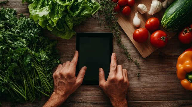 Cooking inspiration fresh vegetables and tablet kitchen digital engagement home cooking top-down view healthy lifestyle